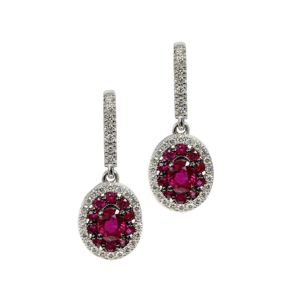 White  oval gold Earrings with diamonds and rubies