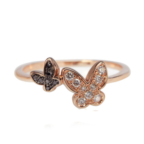 Anello farfalle oro rosa con diamanti bianchi e neri