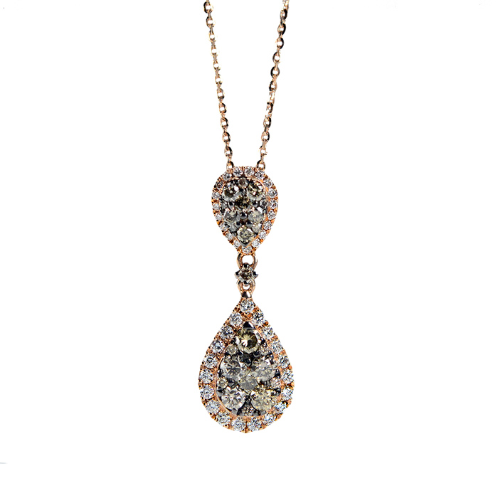 Necklace with drop pendant in rose gold and brown diamonds