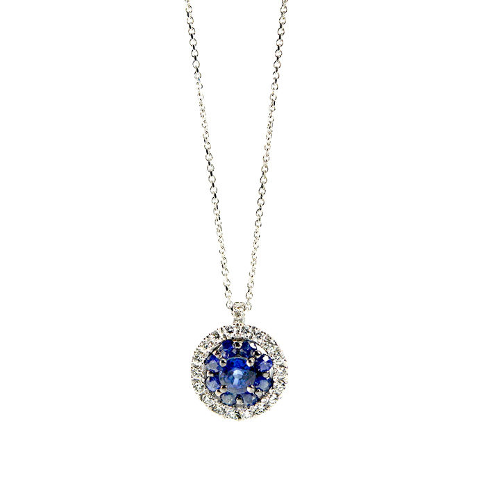 Round Pendant in withe gold with diamonds and Sapphires